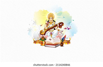 Vasant Panchami Or Basant Panchami Festival Background. Goddess Saraswati Puja Illustration