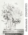 Vase with Flowers (1801) print in high resolution by Willem Van Leen. Flower vase still life. Vintage flower floral vase art drawing illustration, old flower vase floral home decor painting art print.