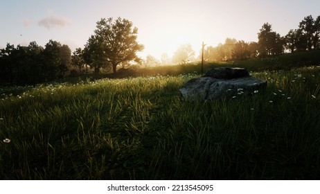 Vast Grassland The Sun Is Leaving The Horizon 3D Rendering