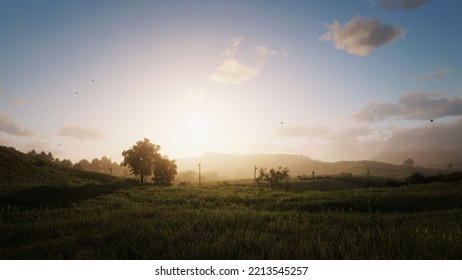 Vast Grassland The Sun Is Leaving The Horizon 3D Rendering