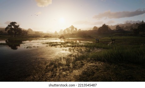 Vast Grassland The Sun Is Leaving The Horizon 3D Rendering