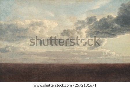 Vast sky with dramatic clouds, showcasing a serene sky. The sky's clouds create a peaceful, expansive sky view, emphasizing the sky's beauty. Vintage drawing illustration, painting art print.