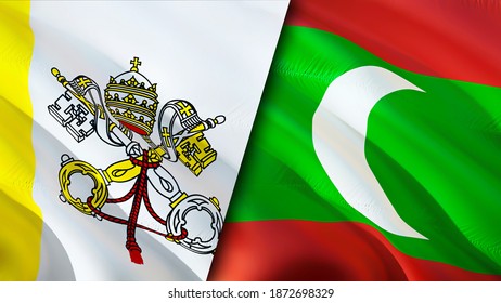 Vatican and Maldives flags. 3D Waving flag design. Maldives Vatican flag, picture, wallpaper. Vatican vs Maldives image,3D rendering. Vatican Maldives relations alliance and Trade,travel,tourism