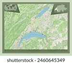 Vaud, canton of Switzerland. Open Street Map. Locations of major cities of the region. Corner auxiliary location maps