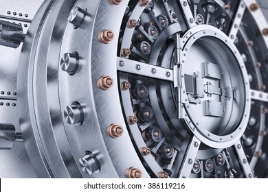 Vault bank safe open door mechanism closeup 3d