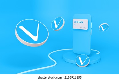 VeChain VET Token Premium Crypto DeFi Coins Set With A Mobile Phone Mockup Distributed On An Isolated Infinity Background 3d Rendering Illustration