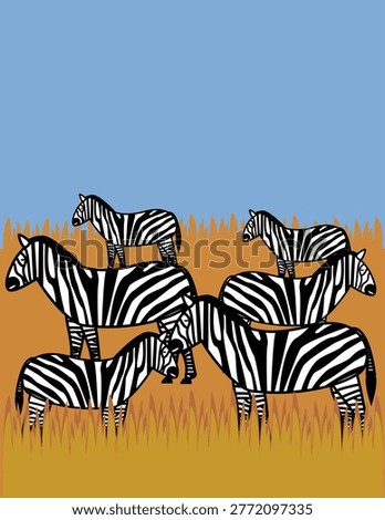 A vector art of a group or dazzle of zebras in the grassland of Africa. 