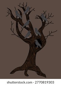 A vector art of a group or unkindness of ravens which are perched on a bald tree. 