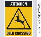 Vector Attention icon deer crossing sign. Image sticker road yellow deer crossing sign symbol inn flat style