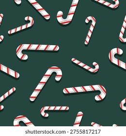 Vector Candy Cane Pattern on Evergreen Background. Illustration for Christmas Holiday Design