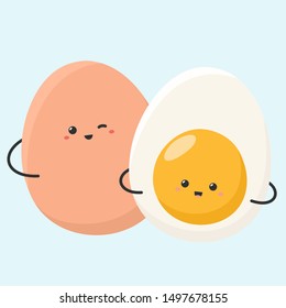 Vector cartoon kawaii chibi Food icon egg. Image smile cartoon eggs character. Illustration fresh and fried egg in flat style