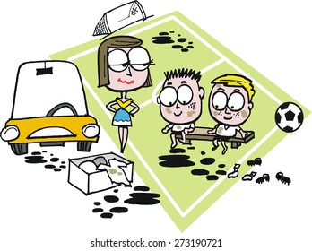 Vector Cartoon Of Soccer Mom Watching Her Muddy Children After Game Of Soccer.  She Is Standing By Her Car To Pick Them Up After Sports Practice. 