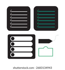 Vector checklists featuring black and white icons for lists checklists and forms with green accents keywords: checklist, to-do list, task list, check marks, green check, white...