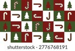 Vector Christmas Background, Candy Cane and Pine Tree Pattern in Berry, Juniper Green, and White