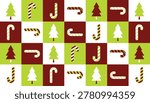 Vector Christmas Background, Candy Cane and Pine Tree Pattern in Berry, Chartreuse, and White