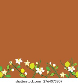 Vector Citrus (Lemon,  Lime tree) themed Brown Background Bordered Seamless Repeat Pattern Illustration Perfect for Fabric(Beachwear, Leisurewear, Kids Caps, Scarf), Gift Wrapping papers, Scrapbooking, Resort furniture, Curtain related projects