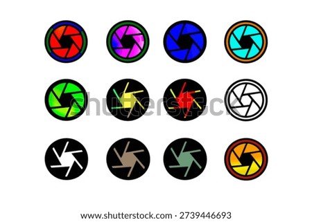 Vector collection of colorful camera shutter aperture icons with different lens styles isolated on white background for media logo branding