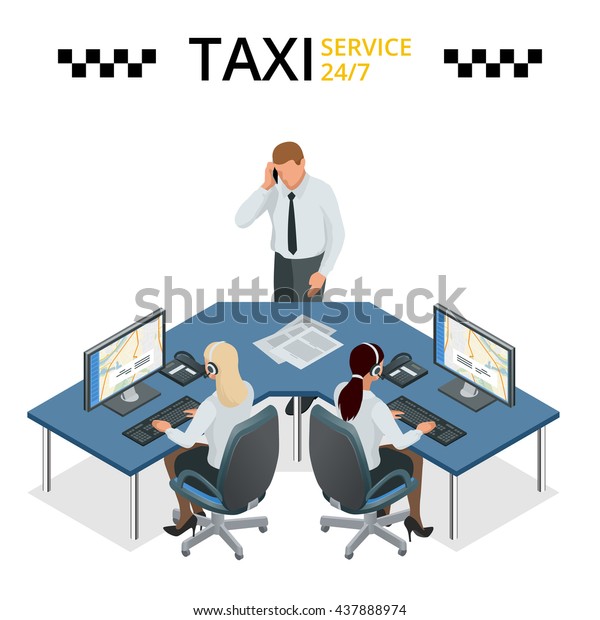 Vector concept of taxi service, technical\
car support and dispatcher call center. Female operator on call\
center. Flat 3d isometric\
illustration.