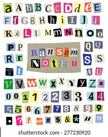 Vector cut newspaper and magazine letters, numbers, and symbols. Mixed upper case and lower case and multiple options for each one.