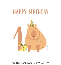 Vector cute capybara celebrates birthday, postcard with first year - Powered by Shutterstock