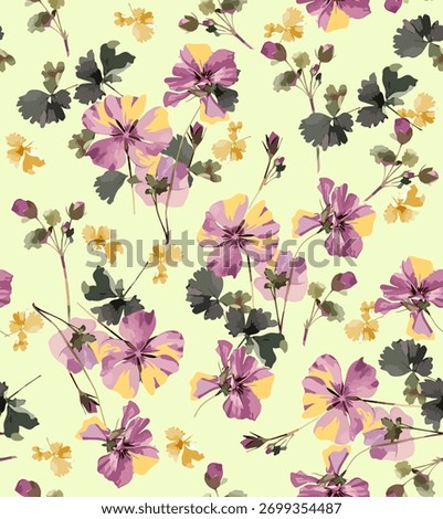 vector design, abstract seamless patterns, medium and small size flowers ,red and yellow color  for digital print ideas for textiles and background images.