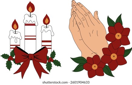 vector element of praying hand and christmas candle