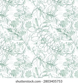 Vector Eucalyptus leaves branch. Exotic tropical hawaiian summer. Leaf plant botanical floral foliage. Black and white engraved ink art. Seamless background pattern. Fabric wallpaper print texture.