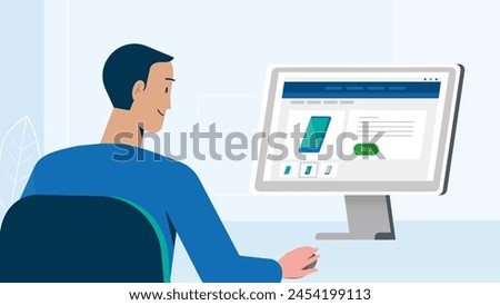 Vector flat illustration of a man working on the computer at a table