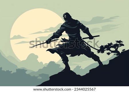 vector flat silhouette of a cool ninja holding a sword