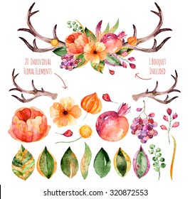 Vector floral set.Colorful purple floral collection with leaves,horns and flowers,drawing watercolor+colorful floral bouquet with leaves, horns and flowers.Set of floral elements for your compositions