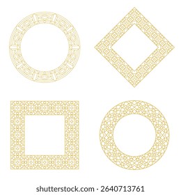 A vector frame collection featuring elegant golden Islamic geometric patterns in circle, square, and diamond shapes. Perfect for Eid greeting cards, Ramadan invitations, Islamic calligraphy frames
