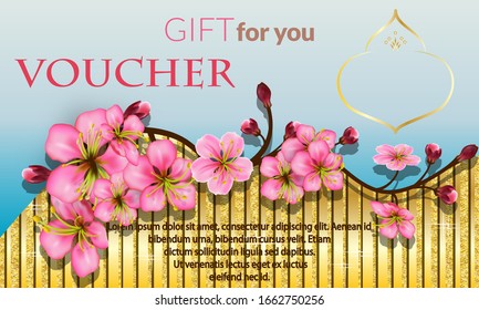 Vector gift voucher template with Sakura branch and flowers. Luxury Business floral card layout. Golden background. Concept for boutique, ewelry or floral shop, beauty spa salon, Rasterized version - Powered by Shutterstock