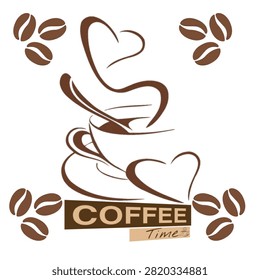 A vector graphic featuring a coffee mug filled with coffee, accompanied by the words 