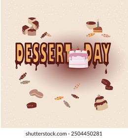 A vector greeting card designed for Dessert Day,featuring an array of confectinery items.The design is perfect for celebrating the sweet joys of desserts - Powered by Shutterstock