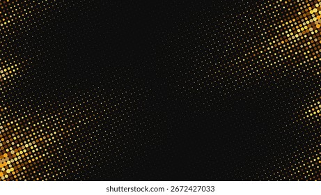 Vector halftone gold dots gradient diagonal tilt on black. Abstract dotted pattern with tonal gradation.