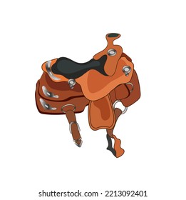 Vector Hand Drawn Doodle Sketch Brown Western Cowboy Equestrian Horse Saddle Isolated On White Background