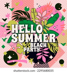 Vector Hello Summer Beach Party postcard. Bright subdued colors in retro hippie style. Summertime banana leaves isolated on white background. Tropical flyer, poster design. Social media post template - Powered by Shutterstock