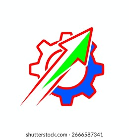Vector icon of an arrow moving up and through a cogwheel. Represents progress, growth, efficiency, and business development.