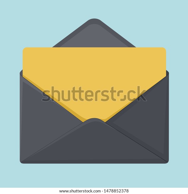 ベクター画像アイコン黒いエンベロープ 封筒の中には黄色のカードが入っています 封筒の後ろの文字をフラットスタイルで示した図 画像を開いた黒い封筒 のイラスト素材