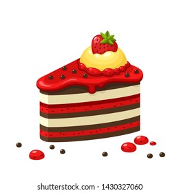 Vector icon food product puff cake with strawberry. Cartoon piece of cheese cake with strawberries and cream. Illustration of a piece of cake with strawberries