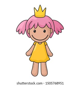 Vector Icon Of A Rag Doll Princess. The Kids Toy Doll Has Pink Hair, A Crown And Dress. Illustration Cartoon Doll Toy