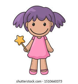 Vector Icon Of A Rag Doll Princess. The Kids Toy Doll Has Violet Hair And Pink Dress. Illustration Cartoon Doll Toy