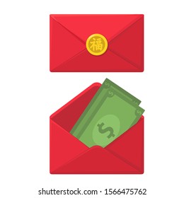 Vector Icon red envelope with dollars. Image red China envelope with money bills. Illustration red envelope in flat style
