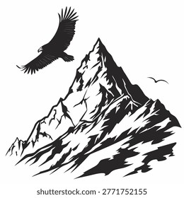 Vector illustration of a bald eagle flying over a mountain peak with black and white background national bird predator mountain landscape wildlife strength majestic illustration