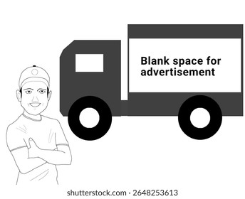 Vector illustration of a cartoon man standing next to a delivery truck featuring a blank white advertising panel. Ideal for showcasing mobile billboard designs, vehicle branding, logistics promotion