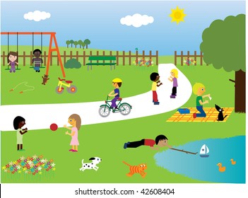 Vector illustration of children of different races and their pets playing together in the park. I have other files for children in my portfolio. - Powered by Shutterstock