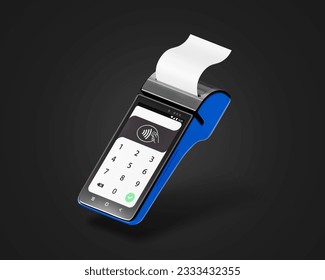 Ilustración vectorial del pago bancario terminal POS sin contacto con recibo de factura, máquina de pago 3d, Concepto de procesamiento de pagos.