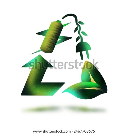 Vector illustration of creative battery plug, leaves and reduce reuse recycle symbol against white background. ESG sustainability framework  concept. Electronic waste ESG pillar concept. Eco friendly.