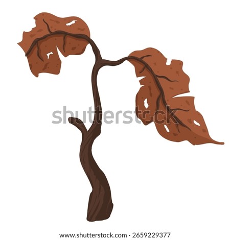 Vector illustration of a dead tree with withered and holey brown leaves. It implies themes of environmental damage, plant disease, or death.