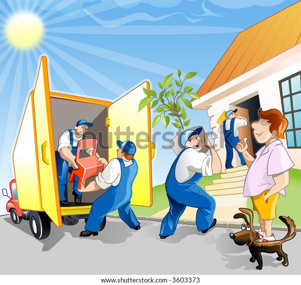 Vector Illustration: Delivery Team Help\
the Man Move in New House. Funny Working\
People